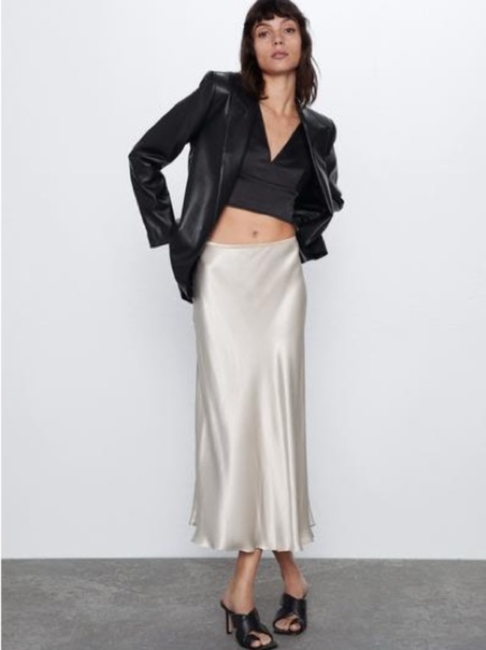 Zara Satin Midi Skirt in Cream